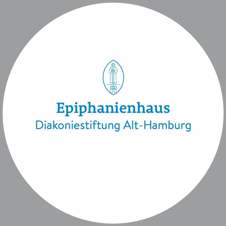 Logo des Epihanienhauses, Diakoniestiftung Alt-Hamburg in hellblau auf grauem Hintergrund.