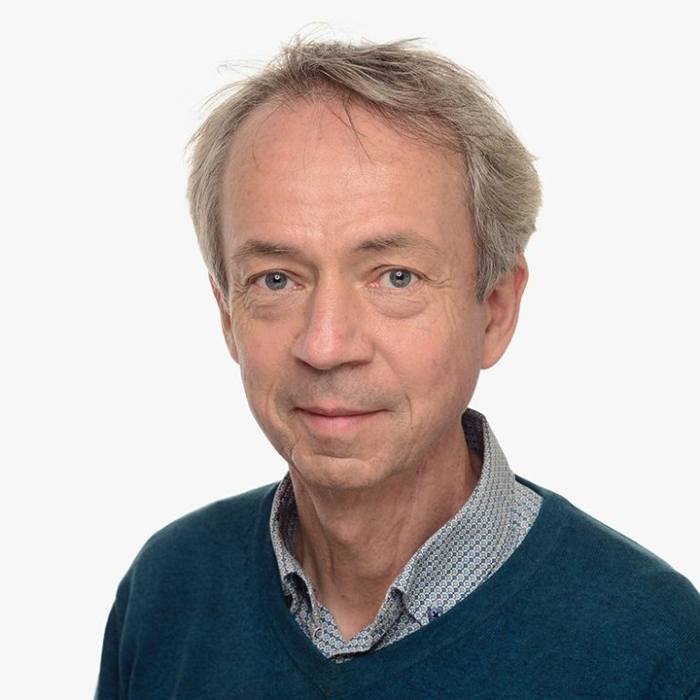 Pastor Andreas Wandtke-Grohmann mit blonden Haaren, blauem Pullover und Karohemd, lächelt leicht.