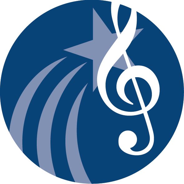 Musikzeit Logo: Stern und Notenschlüssel in einem blauen Kreis mit bewegten Linien.