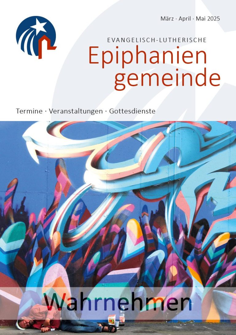 Titelblatt des Gemeindebriefs mit bunten grafischen Elementen und einem Obdachlosen. Überschrift: Wahrnehmen.