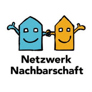 Logo des Netzwerks Nachbarschaft mit zwei fröhlichen Häusern in Blau und Gelb.